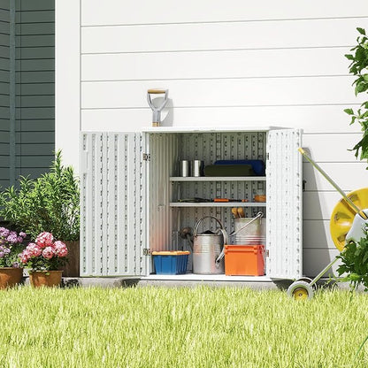 EHHLY Heavy Duty Small Storage Cabinet Outdoor Weatherproof, 14 Cuft Garage Storage Cabinet with 2 Adjustable Shelves, Lockable Kitchen Pantry Closer Organizer, 31Wx23Lx34H, Polar White