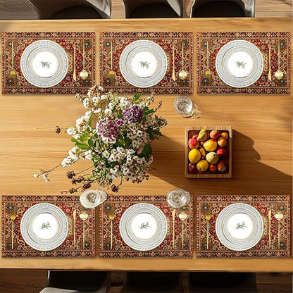 Boho Ethnic Placemats Set of 6,Retro Flower Placemats Washable Kitchen Dining Linen Table Mats Stain Heat-Resistant for Home Party Indoor 12x18 inch