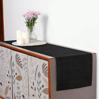D'Moksha Homes Linen Black Table Runner 60 Inches - Classic Hemstitch, 100% Pure Linen Coffee Table Runner 14 x 60 Inch Ideal for Dresser Tables - Spring, Easter