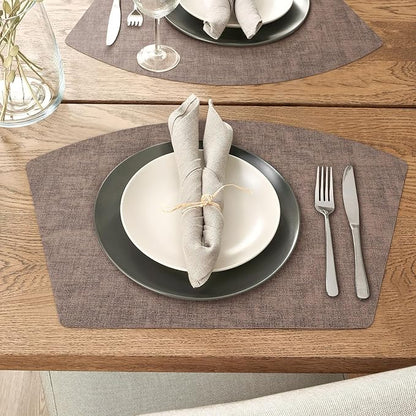 Round Table Placemats Set of 4, Faux Leather Wedge Shape Place Mats Heat Resistant Wipeable Washable Table Mats for Dining Outdoor Indoor, Brown