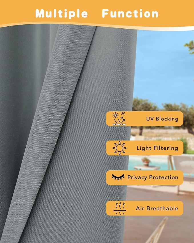 Extra Wide Outdoor Curtains for Patio Waterproof 2 Pcs 110x95 Inch Grey | - Image 3