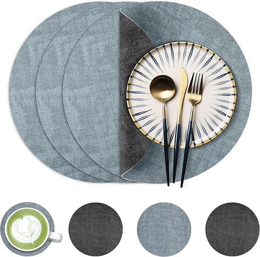 13-Inch Faux Leather Round Placemats Set of 4, Waterproof Anti-Slip Dual Sided Place mats, Heat Resistant Washable Table Mats with Coaster, Suitable for Indoor & Outdoor(4, Black Light Blue)