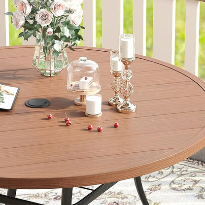 VICLLAX 53" Outdoor Round Patio Table for Lawn Garden, All Weather Metal Round Patio Dining Table with Adjustable Umbrella Hole, Patio Table for 8 Person, Walnut Tabletop