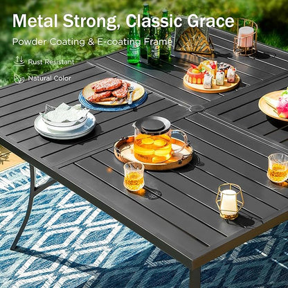 PHI VILLA Large Outdoor Square Dining Table for 8, 60" Metal Steel Slat Table with Umbrella Hole, Weather-Resistant Dining Fruniture for Patio, Deck, Backyard, Porch - Black