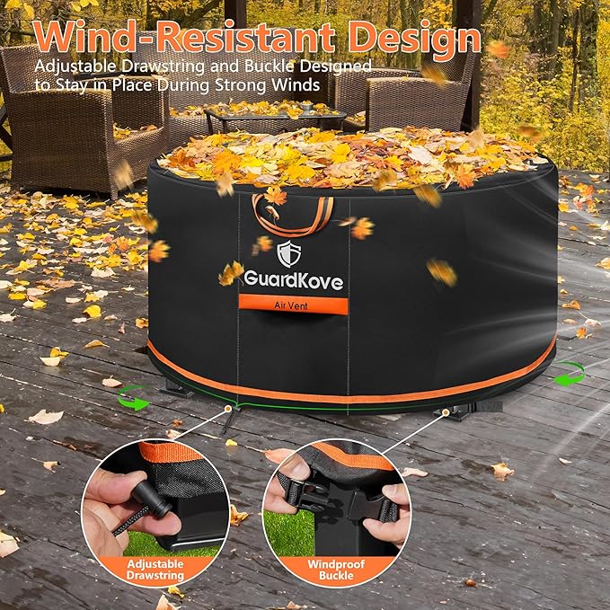 [Upgraded 1000D Heavy Duty Fabric] 44” Fire Pit Cover Round for 42”- 44” Fire Pit/Tables, Waterproof Tear & Fade Resistant Firepit Cover with Buckle, Handle, Drawstring, Air Vent (44”D x 24”H,Black)