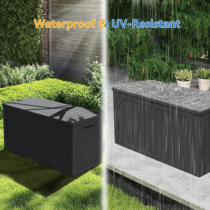 100 Gallon Resin Deck Box, Waterproof Outdoor Storage Box for Patio Furniture Cushions, Garden Tools, and Pool Accessories, Large Lockable UV-Resistant Storage Bin Bench Cabinet for Outside, Black