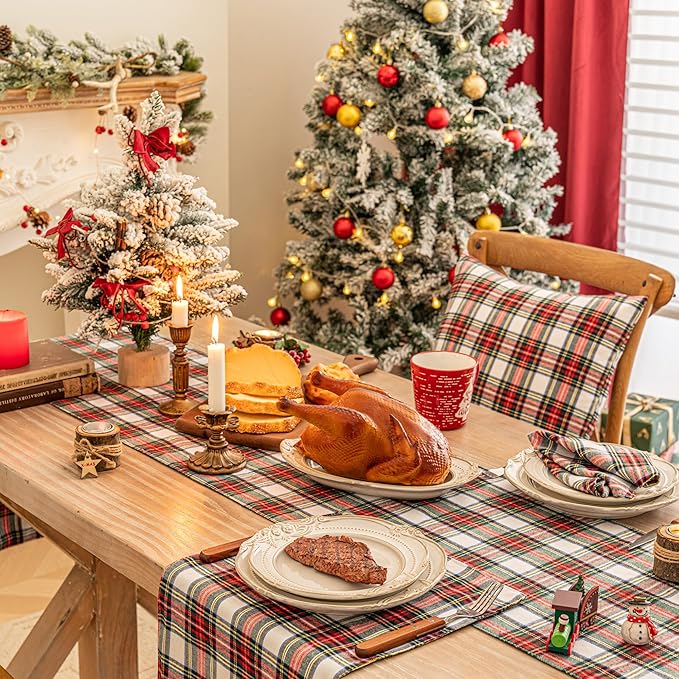 Red White Plaid Christmas Table Runner, Winter Holiday Table Runners 90 inches Long, Xmas Decorations Indoor Outdoor Farmhouse Home Kitchen Dining Party Decor