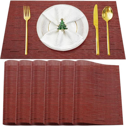 Placemats Set of 6,Washable,Heat and Stain Resistant Indoor/Outdoor Place mats,Vinyl Woven Non Slip Table Mats for Restaurant Table Protection,PVC Placemats(Red,6PCS)