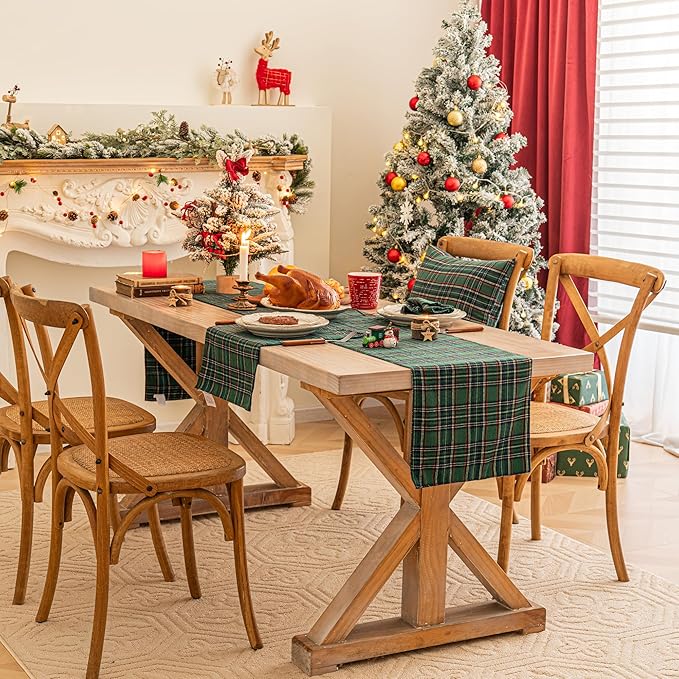 Green Blue Plaid Christmas Table Runner, Winter Holiday Table Runners 72 inches Long Xmas Decorations Indoor Outdoor Farmhouse Home Kitchen Dining Party Decor