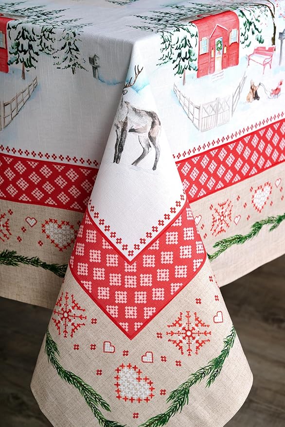 Maison d' Hermine Table Cloth Rectangle Table 100% Cotton 60 x 90 Inches Fall Tablecloth Reusable Everyday Use for Thanksgiving Christmas Decorations Dining Farmhouse Party (Rural Christmas)
