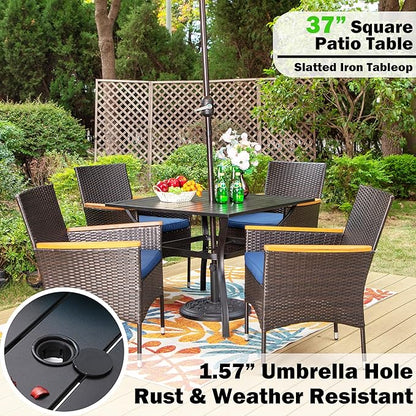 Sophia & William 5 Pieces Outdoor Dining Set with 9ft Beige Patio Umbrella, 4 Seat Patio Dining Set with Square Metal Patio Table and 4 Rattan Chairs, Patio Dining Set Set for Yard Lawn Porch