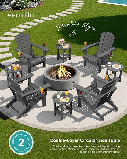 SERWALL Round Outdoor Side Table Set of 2, HDPE Small Adirondack Double End Table, Gray
