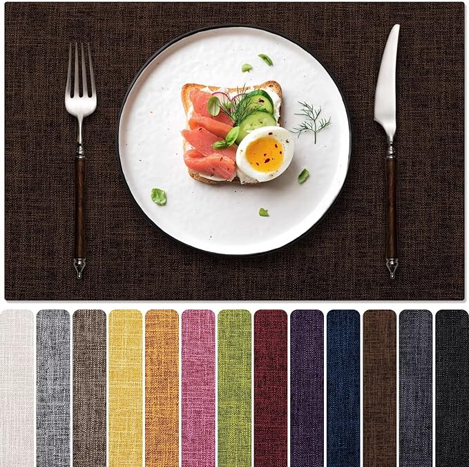 Blue Forest Placemats Set of 4, Dual-Layered Thickened Faux Linen Cloth Place Mats Heat Resistant Machine Washable Wrinkle Free Table Mats Indoor/Outdoor (Brown)