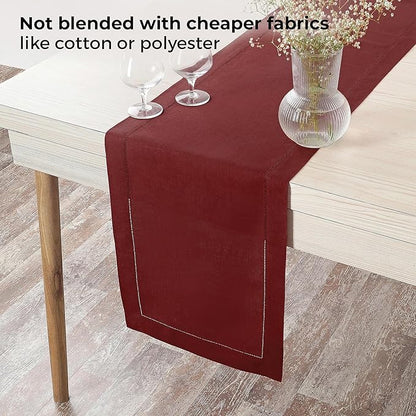 D'Moksha Homes Linen Dark Red Table Runner 90 Inches Long - Classic Hemstitch 100% Pure Linen Dining Table Runner 14 x 90 Inch for Valentines, Spring