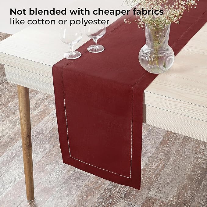 D'Moksha Homes Linen Dark Red Table Runner 108 Inches Long - 100% Pure Linen 14 x 108 Inch Table Runner for Valentines, Spring - Classic Hemstitch
