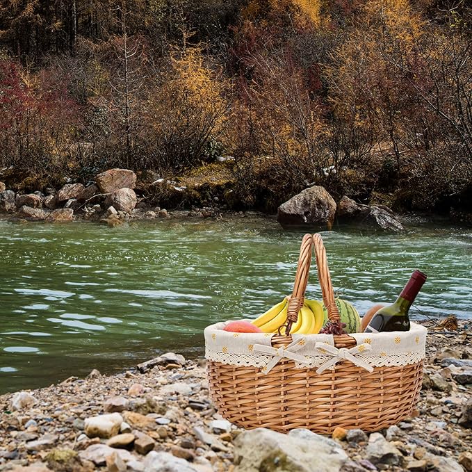 G GOOD GAIN Wicker Picnic Basket with Double Folding Handles,Willow Picnic Hamper,Natural Hand Woven Easter Basket,Easter Eggs and Candy Basket,Bath Storage,Gift Packing Basket.Yellow