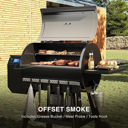LCD Control Wood Pellet Smoker Grill, 700 SQ. IN Cook Area, Pellet Grill with Auto Feed & Leaking Waste, 500°F Max Temperature, 8 in 1 BBQ Grill with Meat Probe, Side Table with Hooks(Black)
