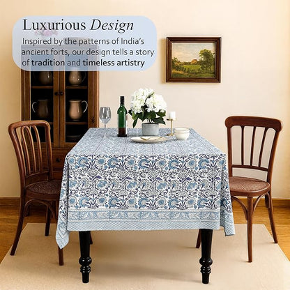 CPC Cotton Tablecloth 80x120 Inch Rectangle Indian Block Print Tablecloth- Blue Washable Wedding Table Cover for Thanksgiving/Christmas- Indigo Blue