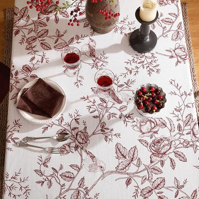 ISAENNE Designer Vintage Linen Long Tablecloth Rectangle,Red Floral Pattern Linen Stain Resistant Table Cloth,Decor Tablecloths for Dining Thanksgiving Kitchen Tea Party,63"*94"-Harmony