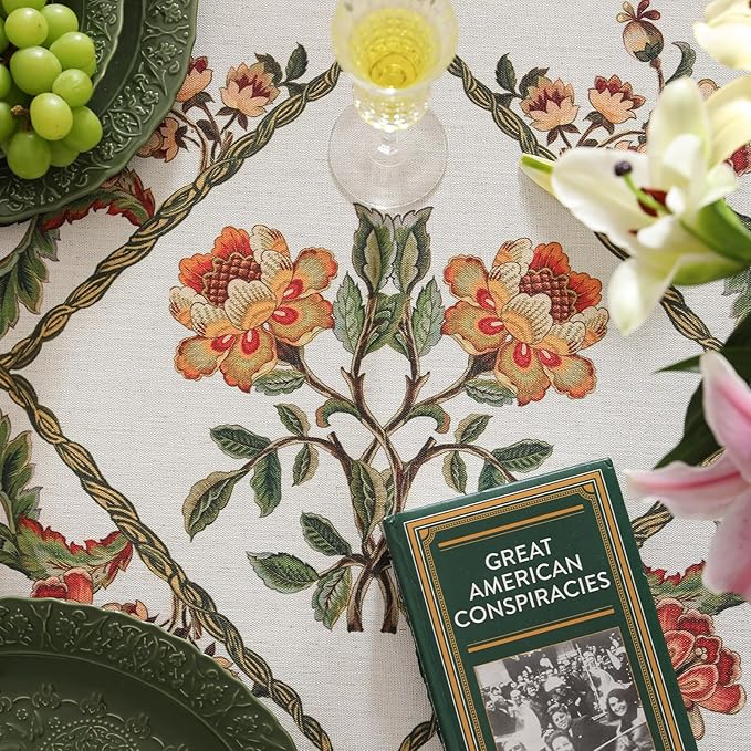 patdrea Designer Linen Rectangle Tablecloth,Vintage French Floral Tablecloths,Wrinkle Free Table Cloth,Decorative Table Cover Cloth for Kitchen,Dining,Tea Party,Home,Christmas,55"*87"