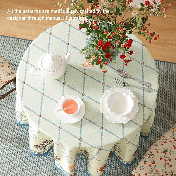 ISAENNE Designer Linen Floral Small Round Tablecloth,Light Green Farmhouse Durable Table Cloth,Washable Decor Tablecloths for Dining Kitchen Thanksgiving Christmas,Diameter 55"-Floralsea B