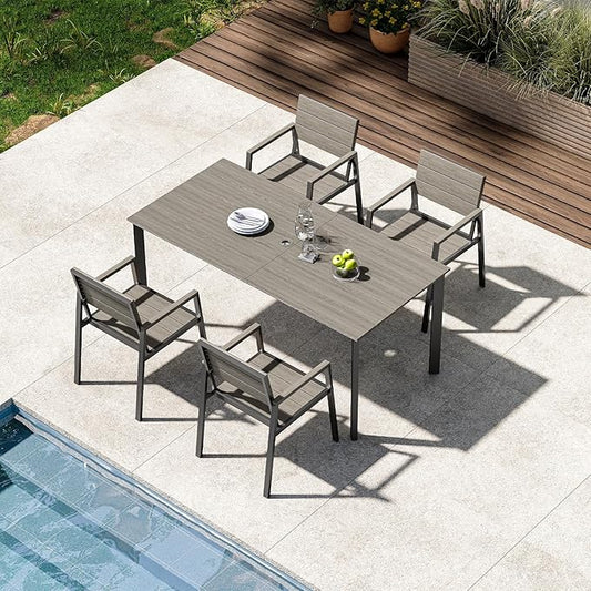 Outdoor Patio Dining set for 4，Aluminum & HDPS 5 Piece Patio Table and Chairs Set with Umbrella Hole, Modren Rectangular Patio Furniture Set with All-weather Table and 4 chairs (Classic Gray)