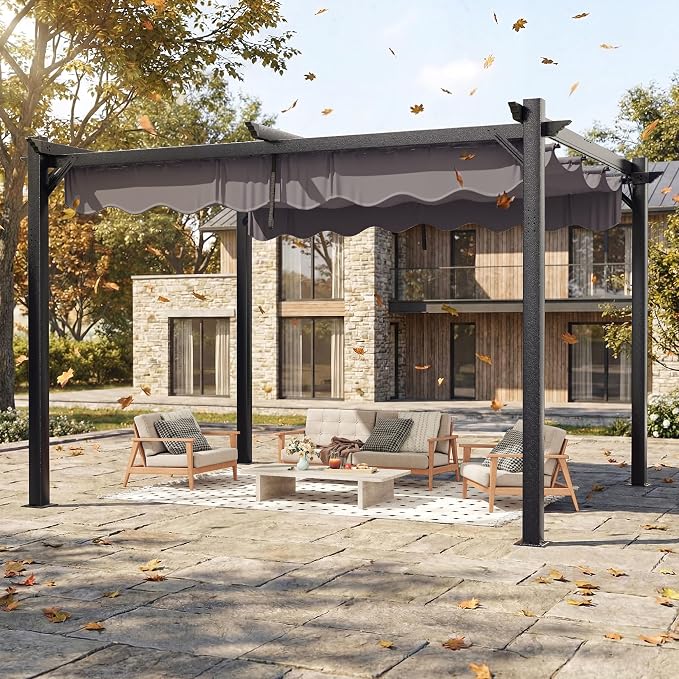 10'x12' Outdoor Pergola with Retractable Canopy | Patio Metal Heavy-Duty Gazebo - Image 6
