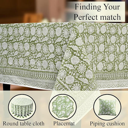CPC Olive Bloom Tablecloth 100% Cotton 60x90 Inch Indian Block Print Rectangle Table Cover, Table Cloth for Gifting in Weddings, Halloween, Fall, Christmas, Thanksgiving