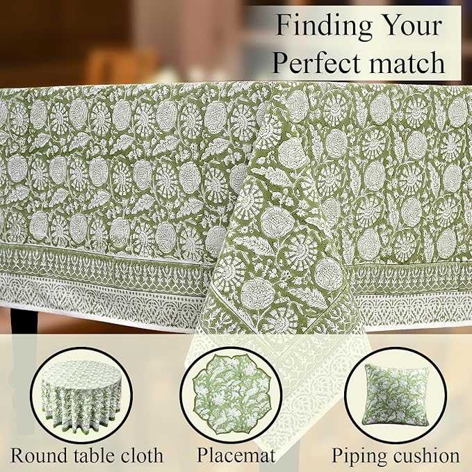 CPC Olive Bloom Tablecloth 100% Cotton 72x140 Inch Indian Block Print Rectangle Table Cover, Table Cloth for Gifting in Weddings, Halloween, Fall, Christmas, Thanksgiving