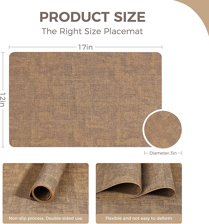 Vinyl Placemats Set of 12, Faux Leather Waterproof and Heat Resistant Place Mats, Washable Anti-Slip Table Mats with Coaster, Wipeable Placemats for Indoor & Outdoor 17" x 12" (Light Brown, Set of 12)