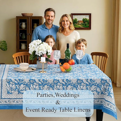 CPC Tablecloth 100% Cotton 72x190 Inch Indian Block Print Rectangle Table Cover, Washable Table Cloth for Weddings, Spring/Summer, Barbeque - Blue Sapphire