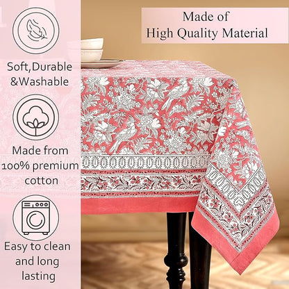 CPC Tablecloth 100% Cotton 70x108 Inch Indian Block Print Rectangle Table Cover, Pink Table Cloth for Weddings, Thanksgiving and Christmas - Pink Coral