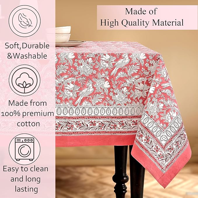 CPC Tablecloth 100% Cotton 60x60 Inch Indian Block Print Square Table Cover, Table Cloth for Weddings, Spring/Summer, Barbeque - Pink Coral