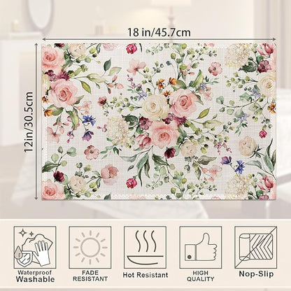Spring Flower Placemats Set of 6,Pink White Rose Eucalyptus Leave,Waterproof Non-Slip Washable Table Mats Set for Kitchen Dining Holiday Party Wedding Decor 12x18 Inch