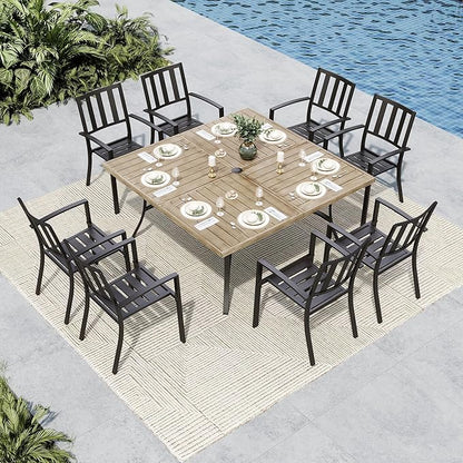 MFSTUDIO Outdoor Dining Set for 8, Patio Table and Chairs Set with Umbrella Hole, 9 Piece Metal Patio Furniture Set for Deck Backyard Poolside Garden