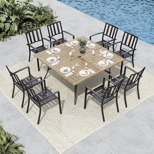 MFSTUDIO Outdoor Dining Set for 8, Patio Table and Chairs Set with Umbrella Hole, 9 Piece Metal Patio Furniture Set for Deck Backyard Poolside Garden