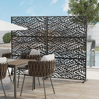 Casaphoria 72" H x 45" W Metal Privacy Screen, 2 Pack Outdoor Freestanding Decorative Divider for Patio & Garden with Stable Base, Black-Spring