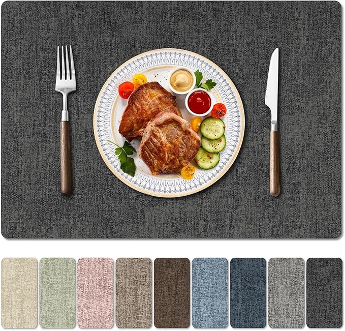 Faux Leather Heat Resistant Placemats Set of 6 – Waterproof Oilproof Wipeable Dining PU Vinyl Place Mat Easy Clean Table Mats for Kitchen/Dining/Party/Holiday, Dark Grey