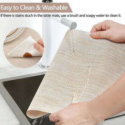 SLKQG Placemats Set of 6 - Easy Clean Washable Vinyl Placemats - Wipeable Heat Resistant Table Mats for Dining Table - 17.7x11.8 Inch (6, Beige)