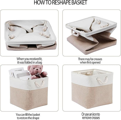 13 x 13 Inch Cube Storage Bins, 4 Pack Large Collapsible Fabric Storage Bin with Ropes, Foldable Storage Cubes for Home, Office,Closet, Clothes, Toys Organizer (White & Beige)