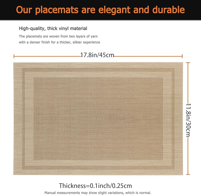 Placemats Set of 12 Washable& Wipeable Placemats for Dining Table Kitchen Indoor Outdoor Table mats Heat Resistant Non Slip Woven (Khaki，12PCS)