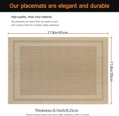 Placemats Set of 8 Washable&Wipeable Place mats for Dining Table Kitchen Indoor Outdoor Table Mats Heat Resistant Non Slip Woven Vinyl Table Placemats (Khaki，8PCS)
