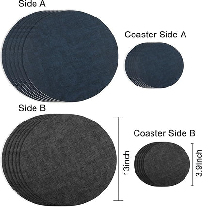 13-Inch Faux Leather Round Placemats Set of 6, Waterproof Anti-Slip Dual Sided Place mats, Heat Resistant Washable Table Mats with Coaster, Suitable for Indoor & Outdoor (6, Black Navy Blue)