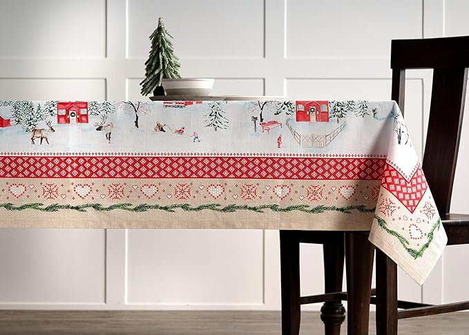 Maison d' Hermine Table Cloth Rectangle Table 100% Cotton 60 x 120 Inches Fall Tablecloth Reusable Everyday Use for Thanksgiving Christmas Decorations Dining Farmhouse Party (Rural Christmas)