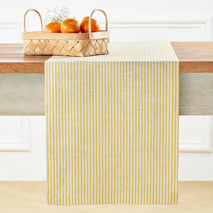Solino Home Linen Striped Table Runner 60 Inches - Narrow Stripe, 100% Pure Linen Spicy Mustard and White Small Table Runner 14 x 60 Inch Ideal for Dresser and Coffee Tables, Spring, Easter