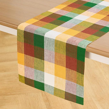 Solino Home Table Runner 60 Inches - 100% Pure Linen Buffalo Check Fall Multicolor Table Runner 14 x 60 Inch Ideal for Dresser and Coffee Tables