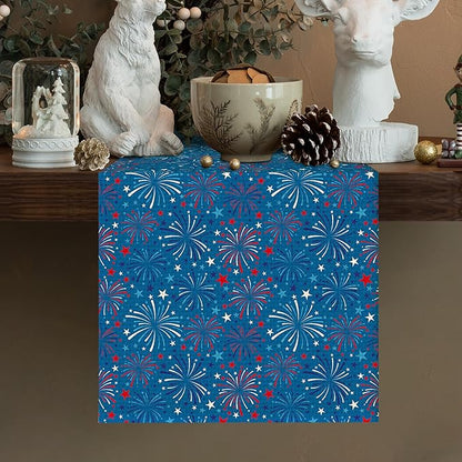 4July Blue Firework Burlap Table Runner Seasonal Spring Fall Kitchen Dining Linen Table Decoration for Indoor Outdoor Home Party Dinner 13x72 Inch