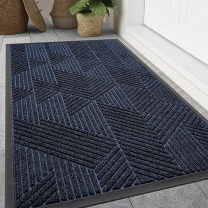 Smiry Front Door Mat Outside Entrance, Heavy Duty Sturdy Natural Rubber Doormat, Trap Dirt and Moisture, Easy Clean Low Profile Mats for Indoor Outdoor Entry, Irregular Triangle (71x24, Navy Blue)