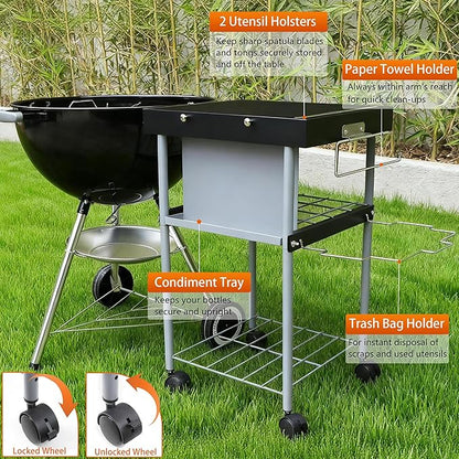 Grill Table Cart for Weber 22 inch Kettle 18in Charcoal Camping Carts for Blackstone 17 inch Griddle Accessories Outdoor Grillling Side Tables Freestanding Barbecue Shelves with Wheels Storage
