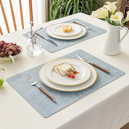 Romanstile Vinyl Placemats Set of 4-12 X 17 Inch - Heat Resistant Place Mats 100% Waterproof Oilproof Wipeable Reversible Faux Leather Table Mats for Kitchen, Dining, Party, Outdoor, Sky Blue